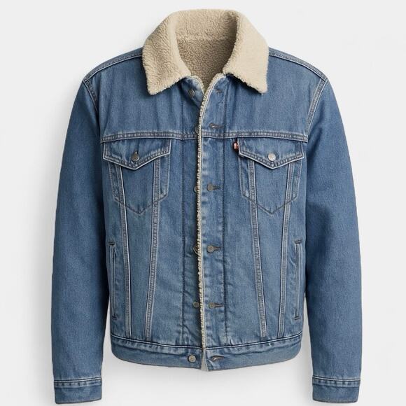 Levi’s Sherpa Trucker Jacket 70520 Denim Shearling Lined Classic Large - Picture 1 of 11